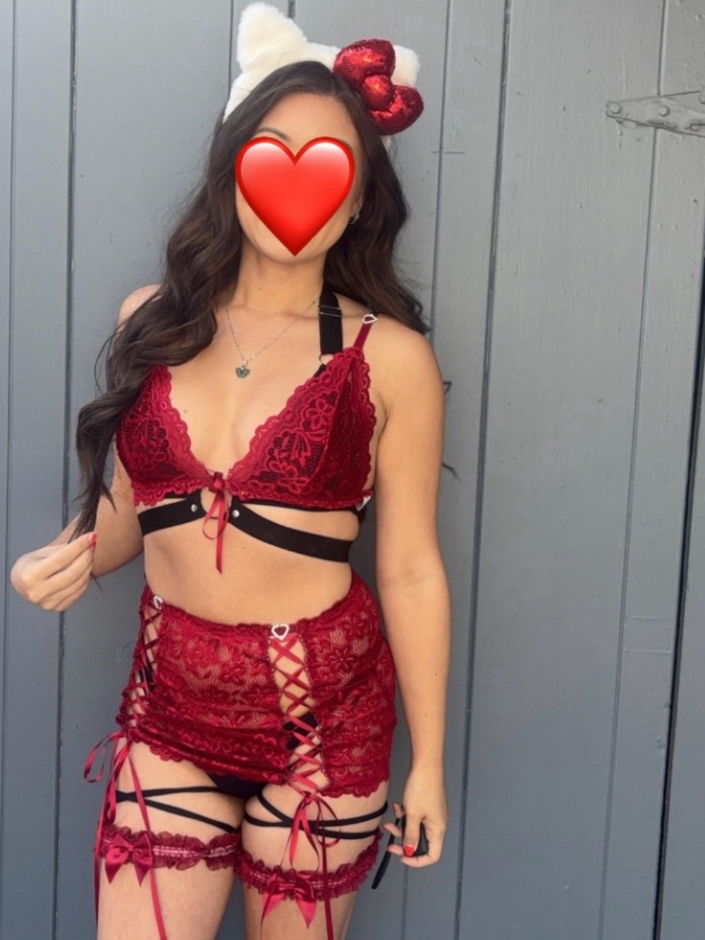 Shein Small Rave 5 Piece Set, Red Lace Crop Tank & Mini Skirt, Hello Kitty Ears